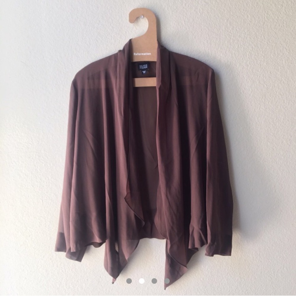 Eileen Fishcher Brown Silk Tie Blouse Cardigan XS